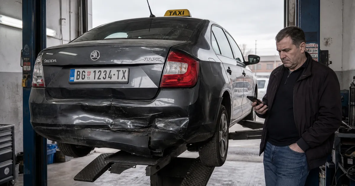Oštećeno taksi vozilo u servisu i zabrinut vozač pored njega