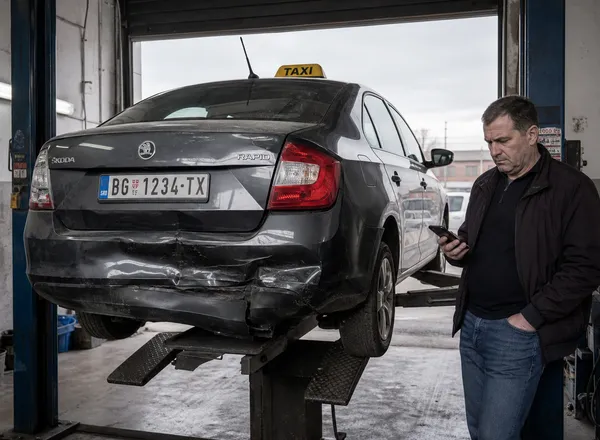 Oštećeno taksi vozilo u servisu i zabrinut vozač pored njega