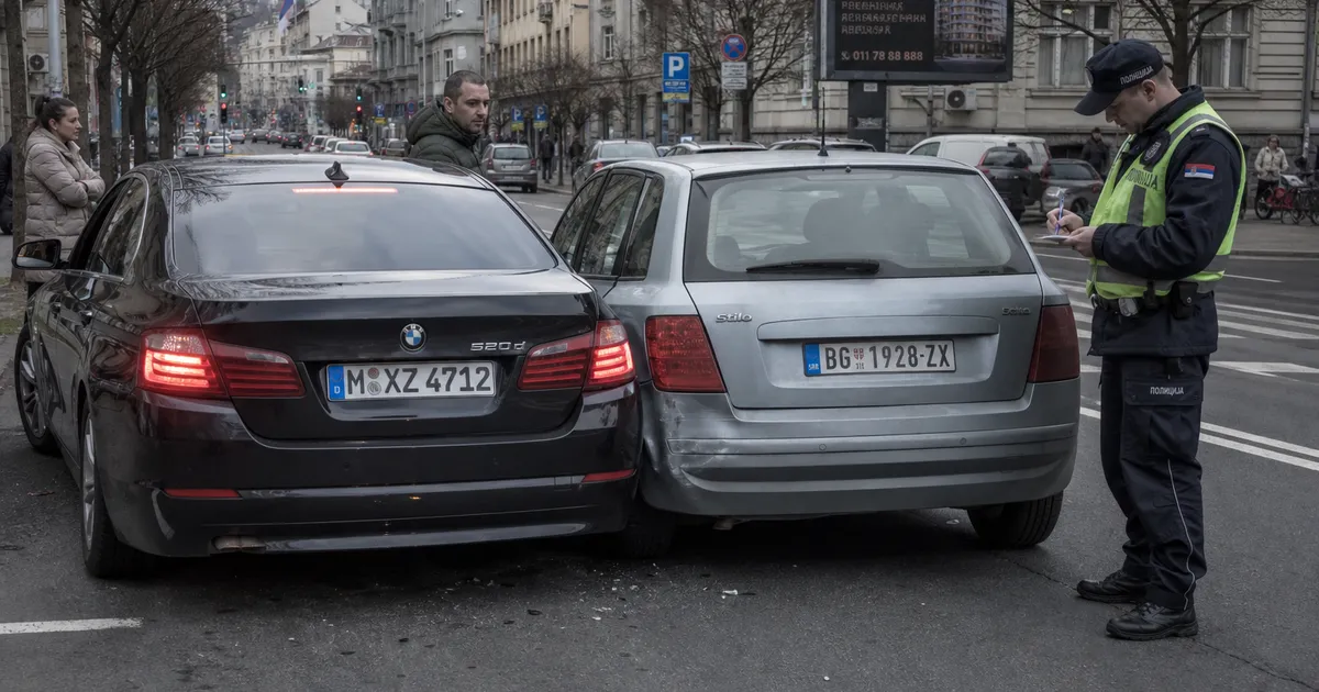 Policajac beleži podatke posle sudara sa vozilom stranih tablica