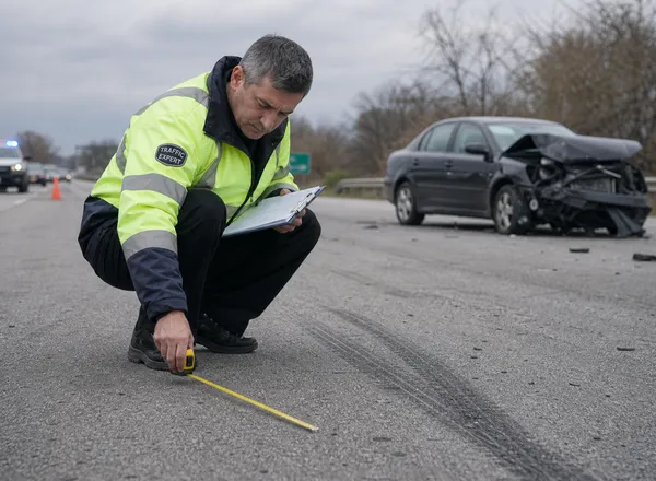 Veštak analizira tragove sudara na mestu nezgode