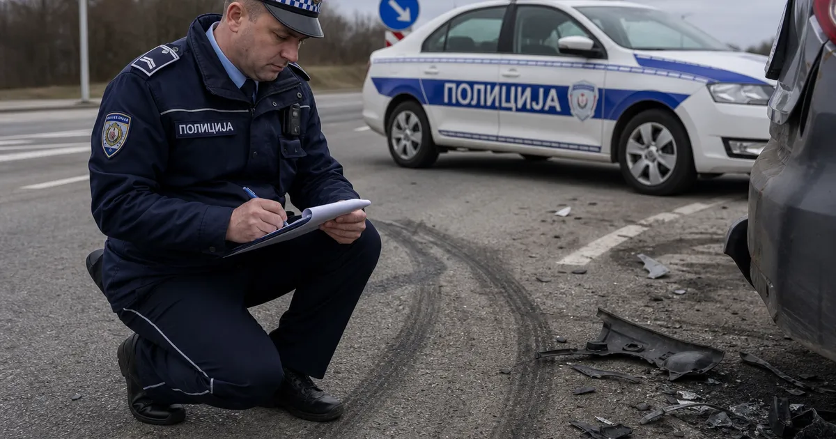 Policajac vrši uviđaj na mestu saobraćajne nezgode