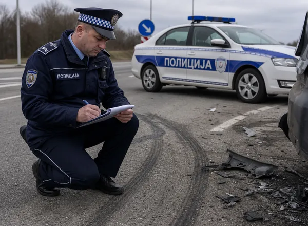 Policajac vrši uviđaj na mestu saobraćajne nezgode